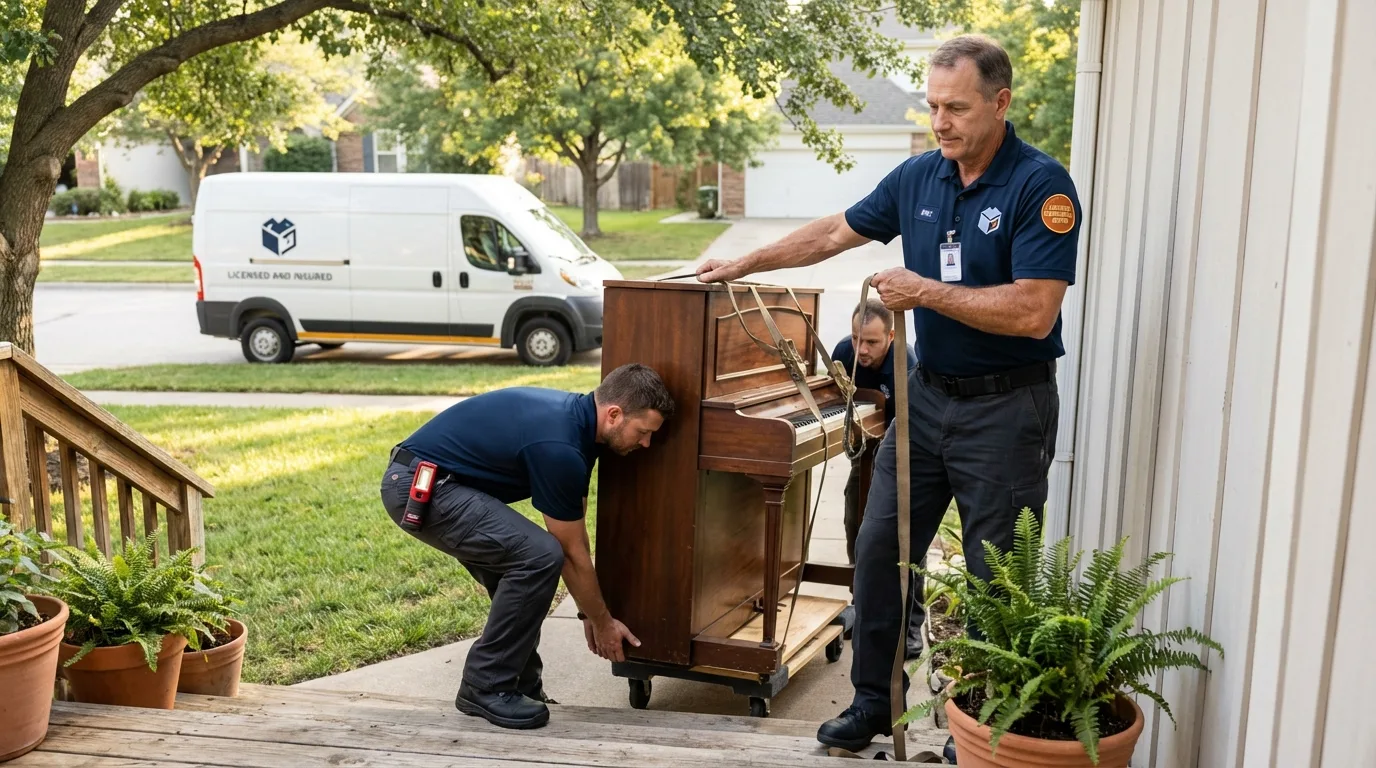 Licensed piano movers securing grand piano in Moline, IL