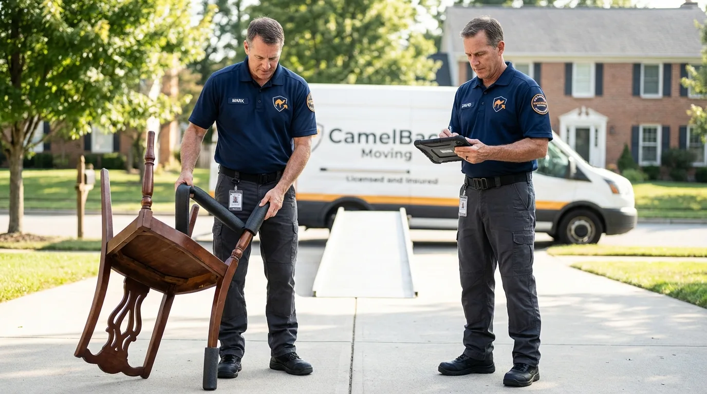 Movers inspecting furniture for damage prevention before loading in Moline, IL