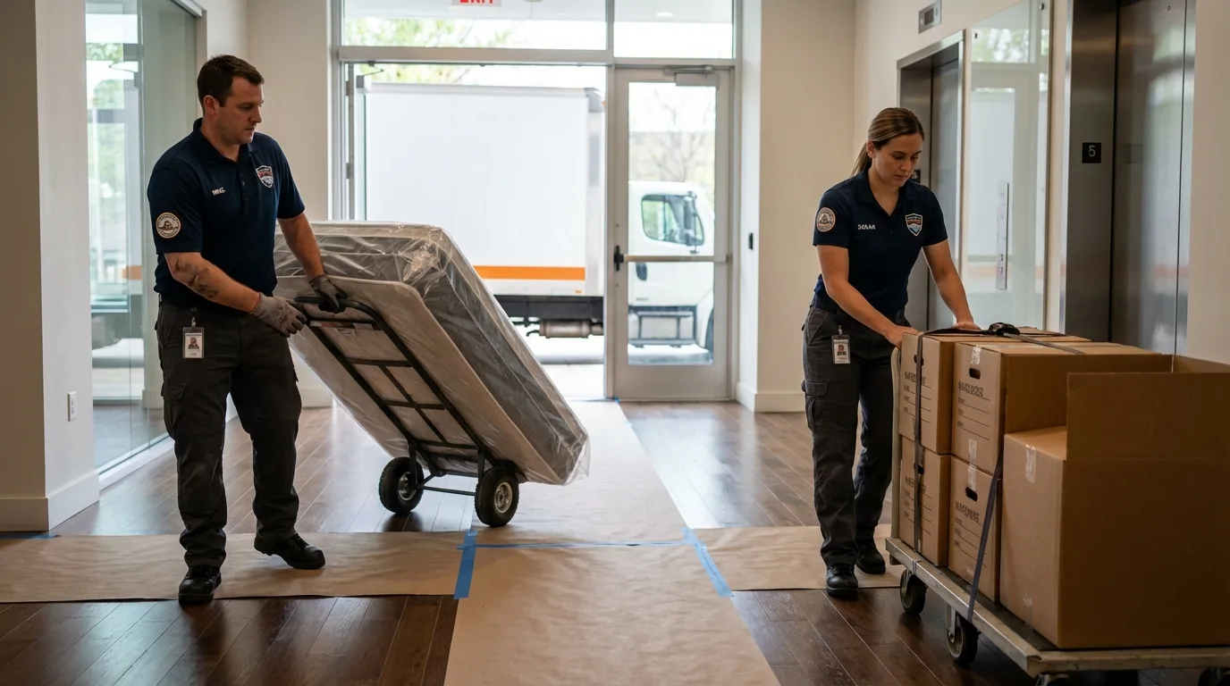 Professional apartment movers loading elevator in Moline, IL