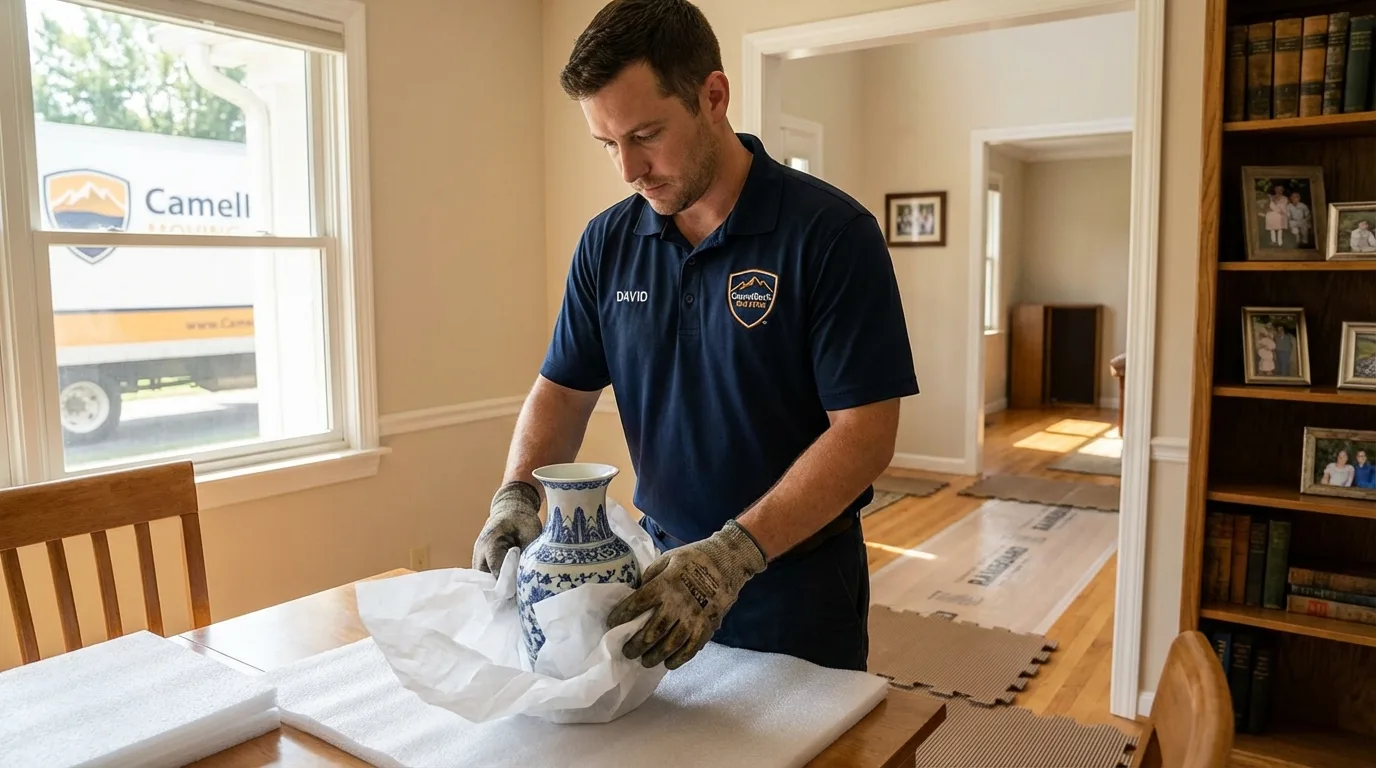 Professional crew carefully wrapping antique vase for senior downsizing move in Moline, IL